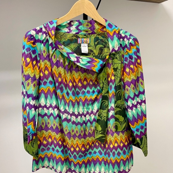 Gorgeous DEMA (San Francisco) Cotton/Silk, ¾ Sleeve, Jewel Print Top – Size L - Picture 4 of 10